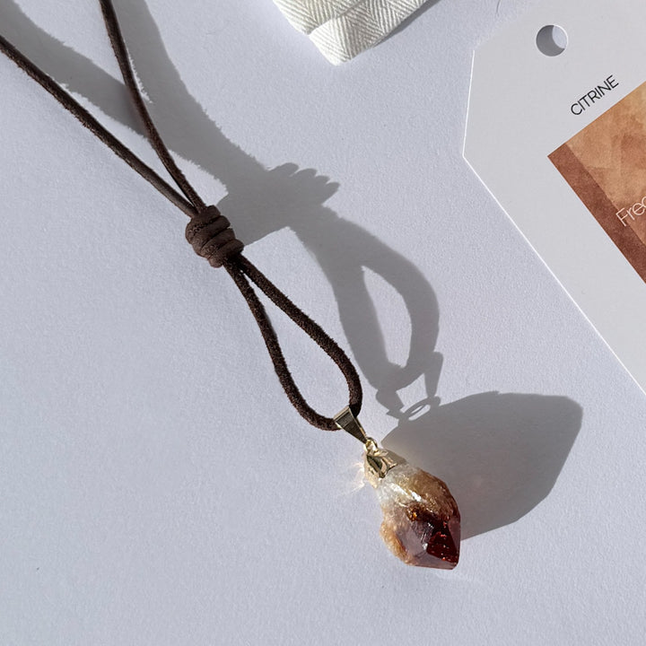 Raw Citrine Necklace | Leather Cord