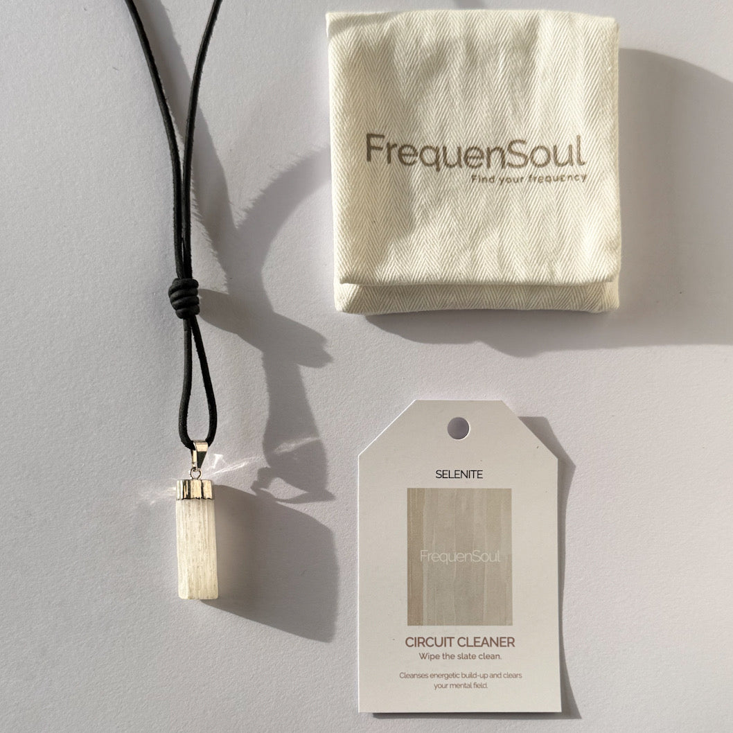 SELENITE Crystal Pendant | Leather Cord Necklace