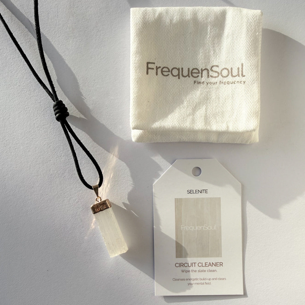 SELENITE Crystal Pendant | Leather Cord Necklace