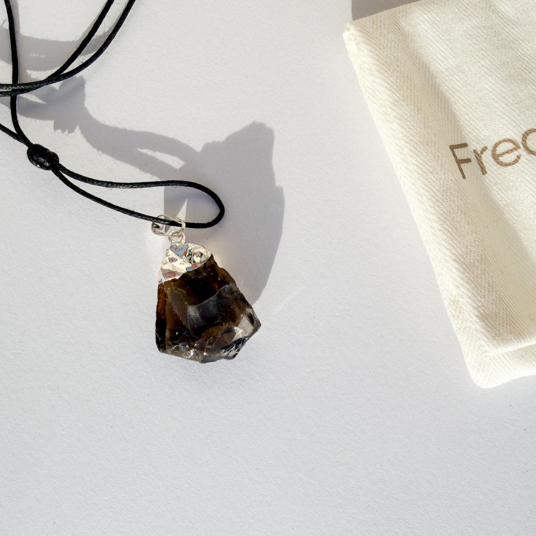 Raw Smokey Quartz Crystal Pendant | Cotton Cord