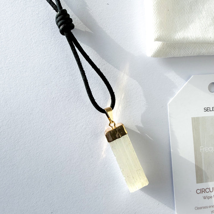 SELENITE Crystal Pendant | Leather Cord Necklace