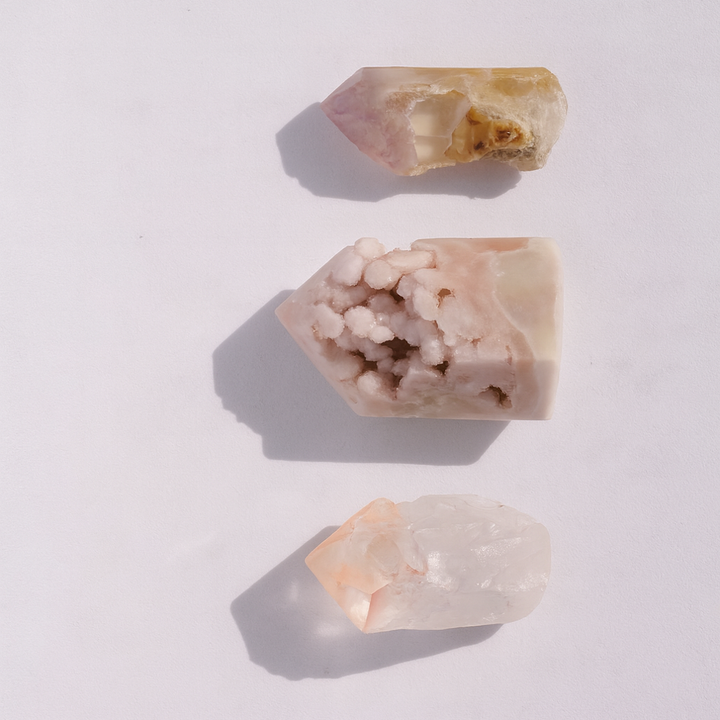 Heart Shift Intention set. Three crystal rocks on a white background